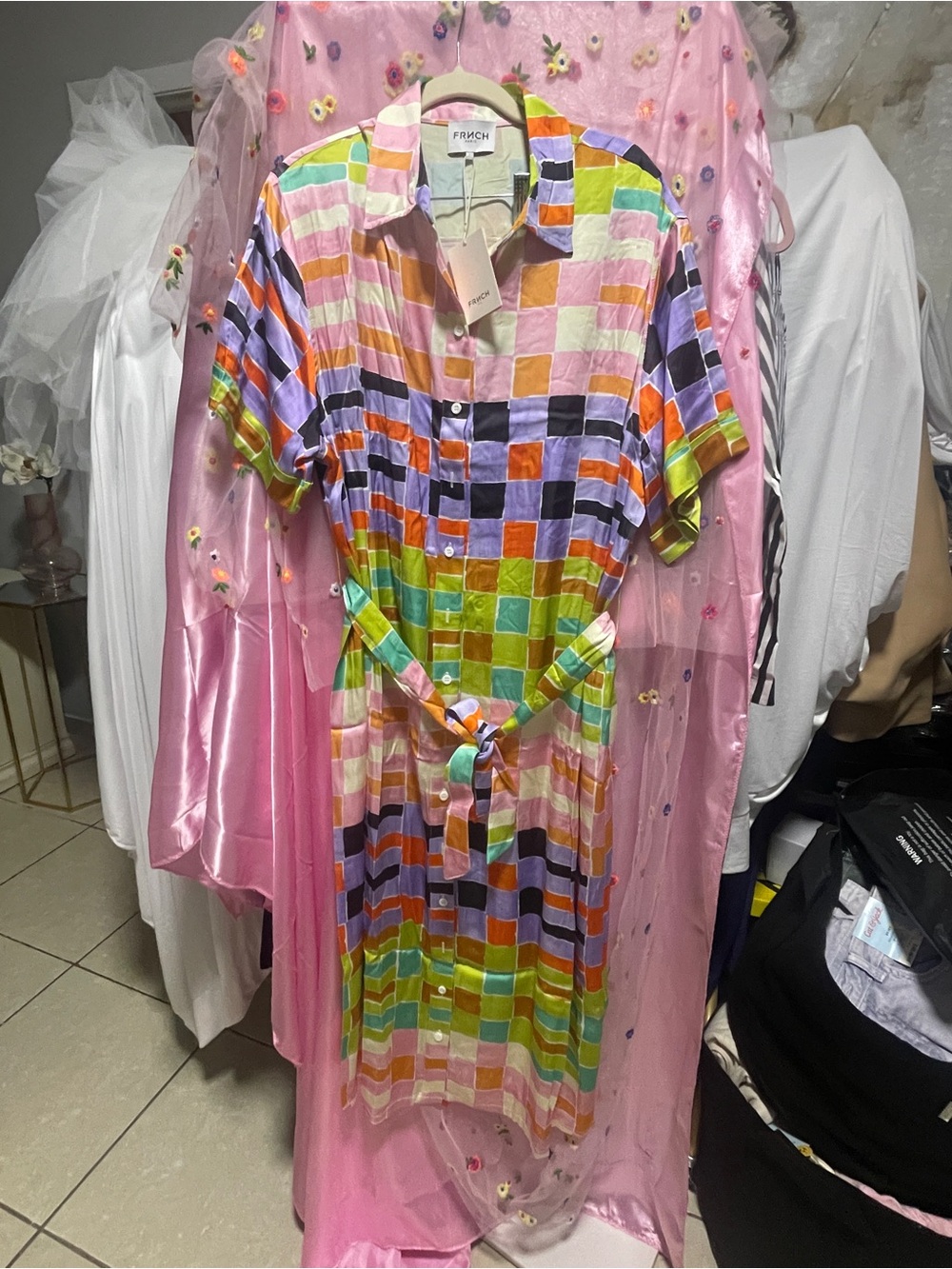 FRNCH Paris Multicolor Check Midi Dress in Pink, Purple, Green, Blue & Orange